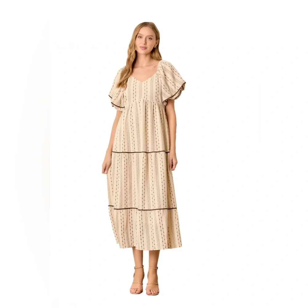 NEW Polagram Brown Lace Floral Tiered Maxi Dress - Picture 5 of 8